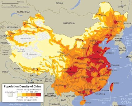 China Map of Population Density of Persons per Square Kilometer