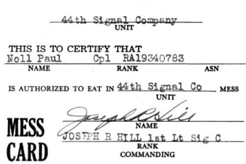 My Mess Card for the 44th Signal Company