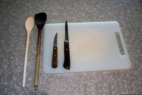Cutting Board, Knives, and Spoons