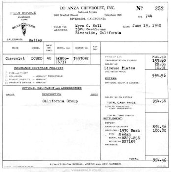 1940 Chevrolet Invoice